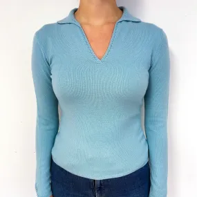 Duck Egg Blue Cashmere Collared V-Neck Jumper Small