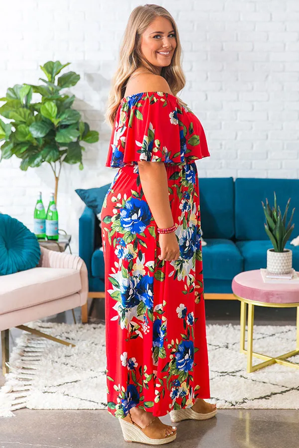 Escape To Maui Off Shoulder Maxi Dress in Red