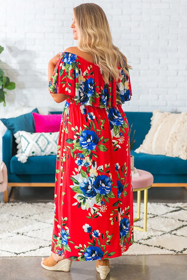 Escape To Maui Off Shoulder Maxi Dress in Red