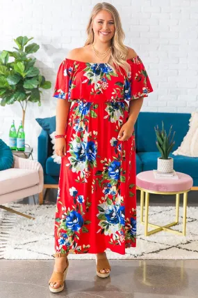 Escape To Maui Off Shoulder Maxi Dress in Red