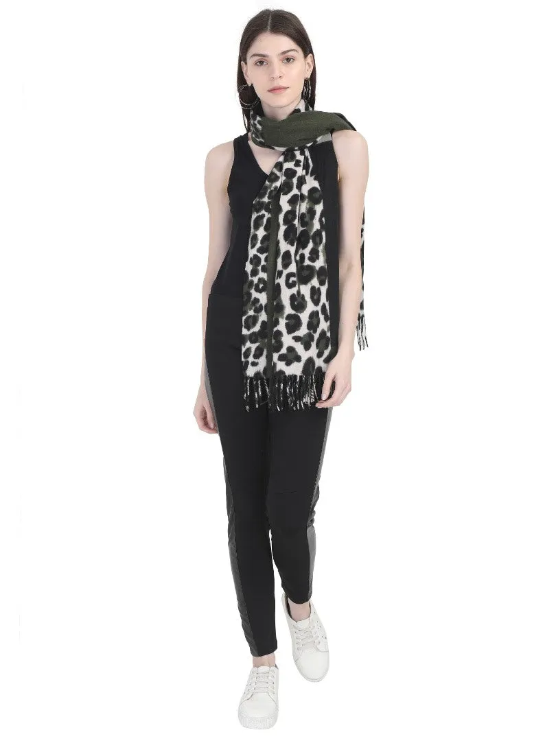 FabSeasons Dark Green Leopard Printed Acrylic Woolen Scarf For Women