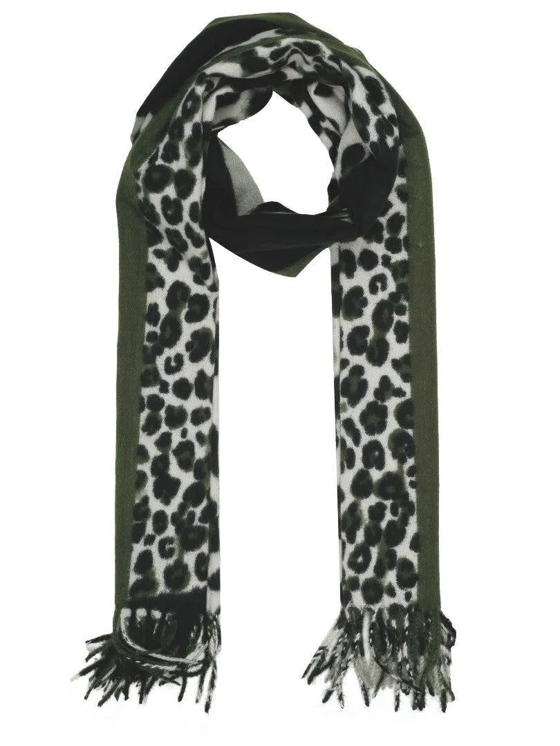 FabSeasons Dark Green Leopard Printed Acrylic Woolen Scarf For Women
