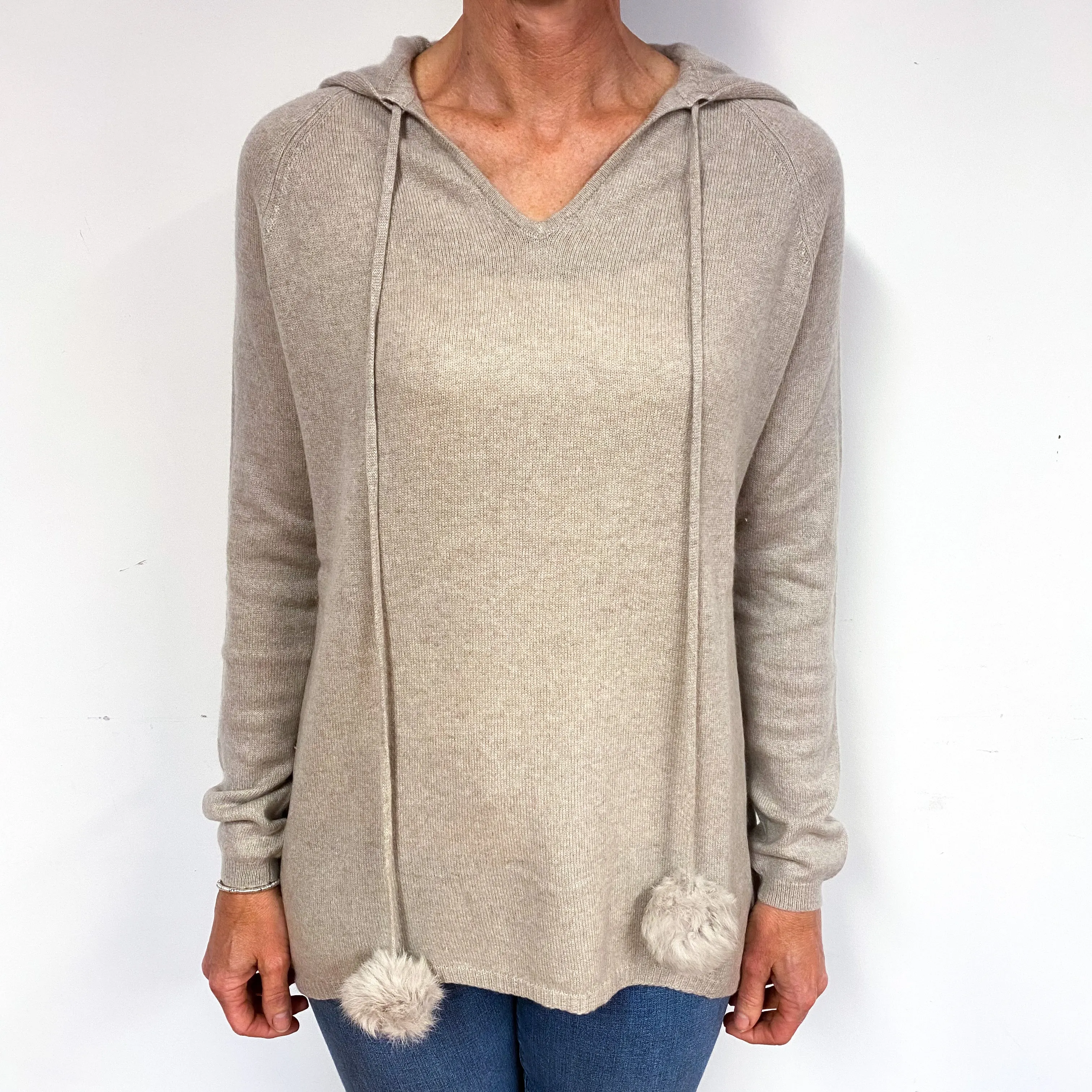 Fawn Beige Cashmere Pom Pom Hoodie Jumper Medium