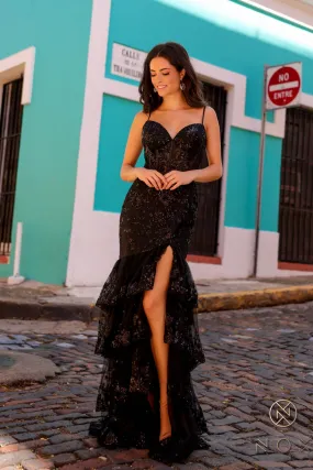 Fitted Applique Sleeveless Tiered Slit Dress_T1337