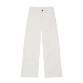 Flower Piece Beaded Wide-leg Jeans in White