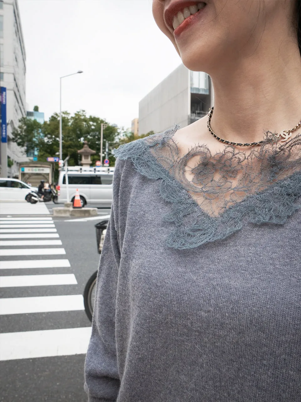 Grey Asymmetrical Lace Collar Batwing Mohair Merino Blend Jumper
