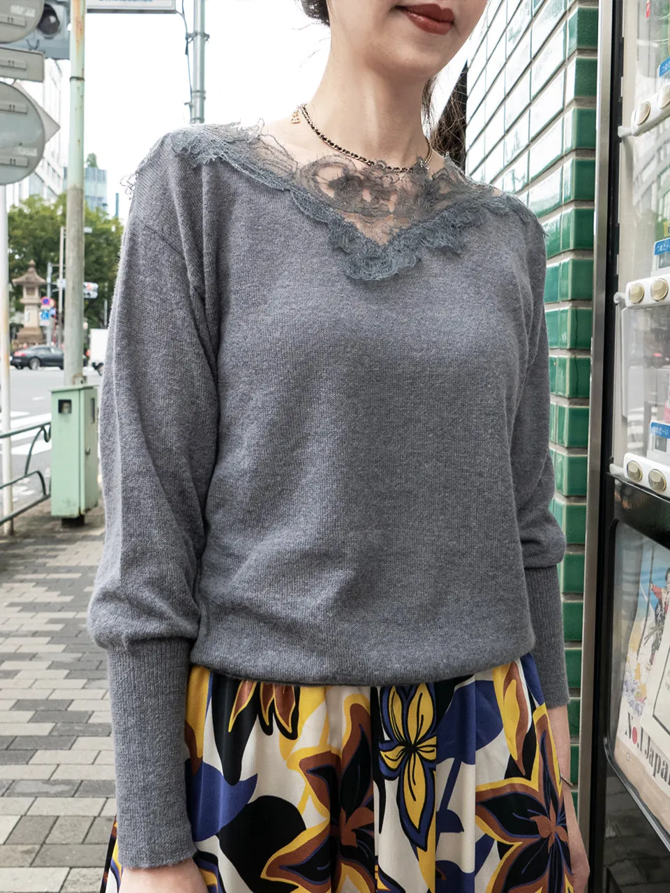 Grey Asymmetrical Lace Collar Batwing Mohair Merino Blend Jumper