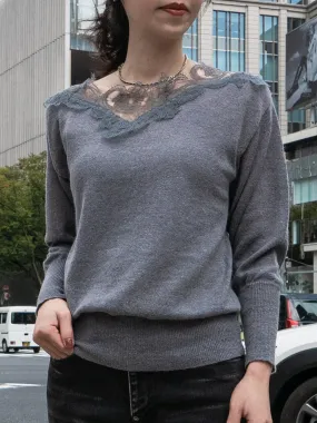 Grey Asymmetrical Lace Collar Batwing Mohair Merino Blend Jumper