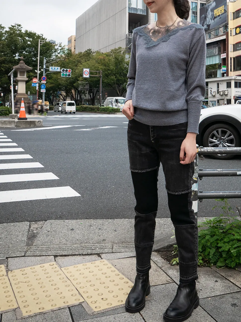 Grey Asymmetrical Lace Collar Batwing Mohair Merino Blend Jumper