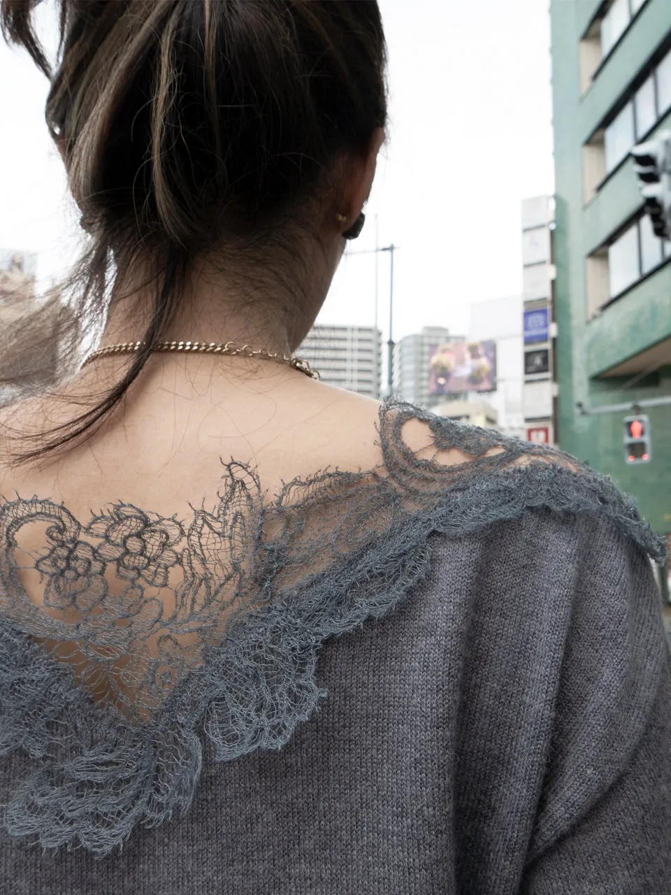 Grey Asymmetrical Lace Collar Batwing Mohair Merino Blend Jumper