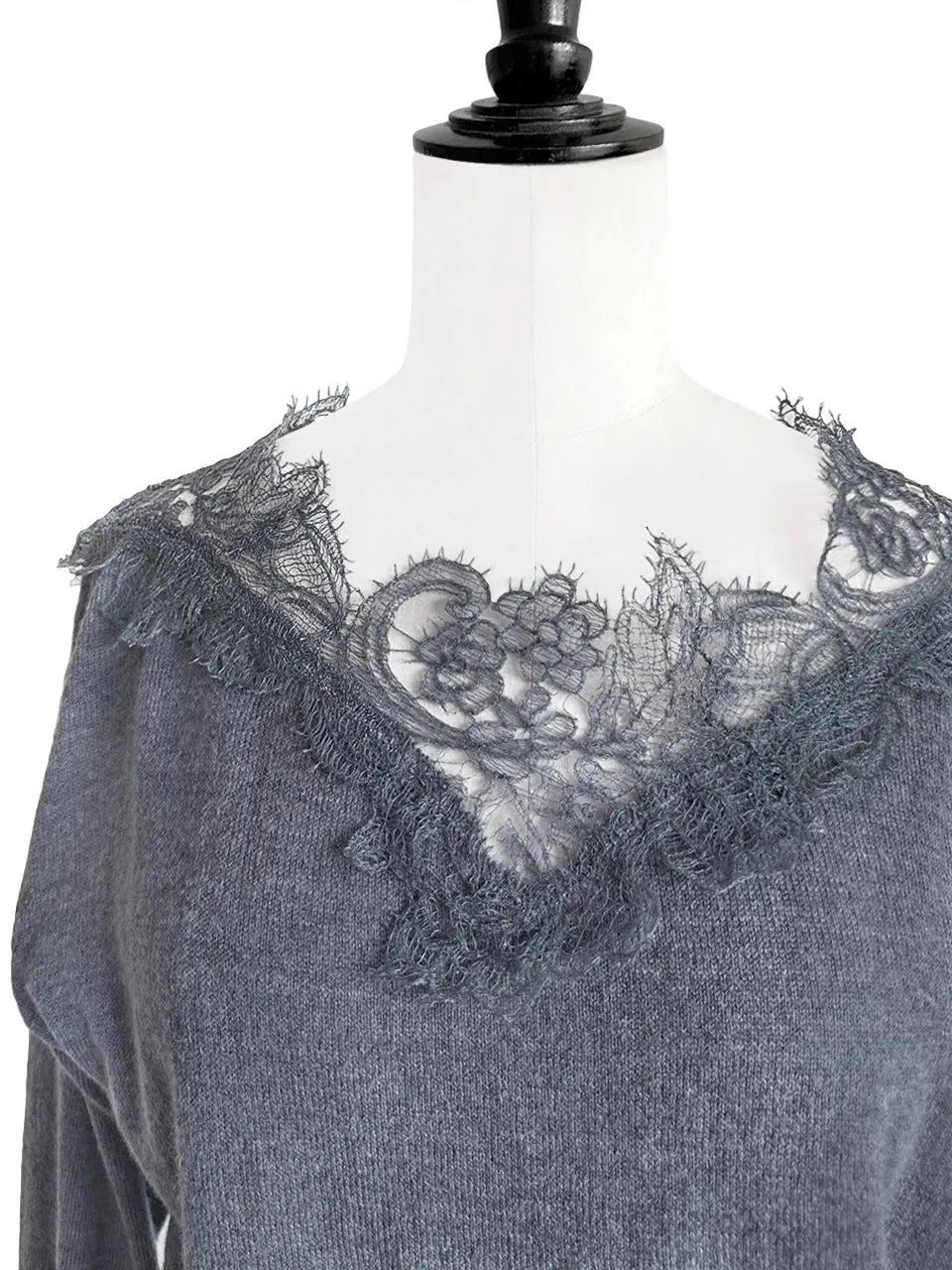 Grey Asymmetrical Lace Collar Batwing Mohair Merino Blend Jumper
