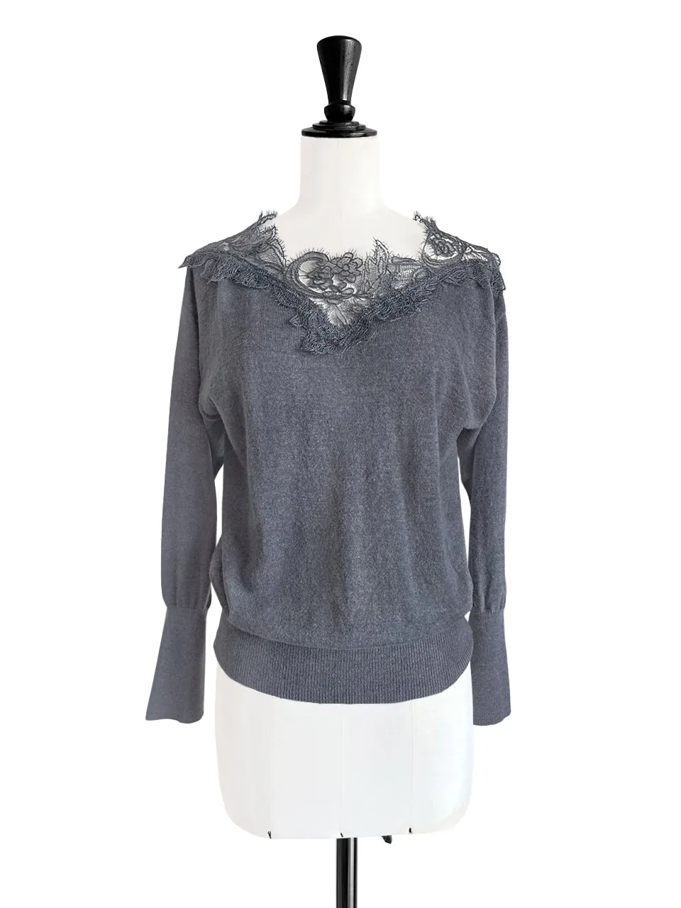 Grey Asymmetrical Lace Collar Batwing Mohair Merino Blend Jumper