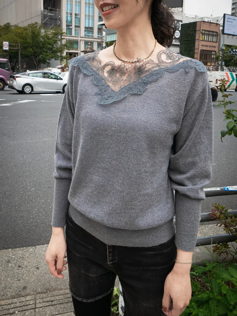 Grey Asymmetrical Lace Collar Batwing Mohair Merino Blend Jumper