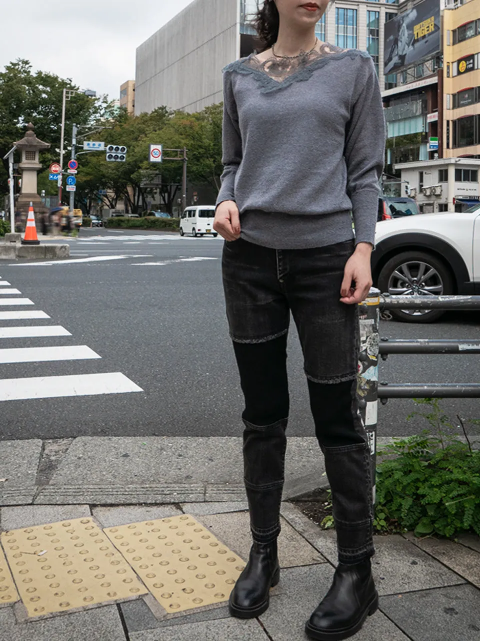 Grey Asymmetrical Lace Collar Batwing Mohair Merino Blend Jumper