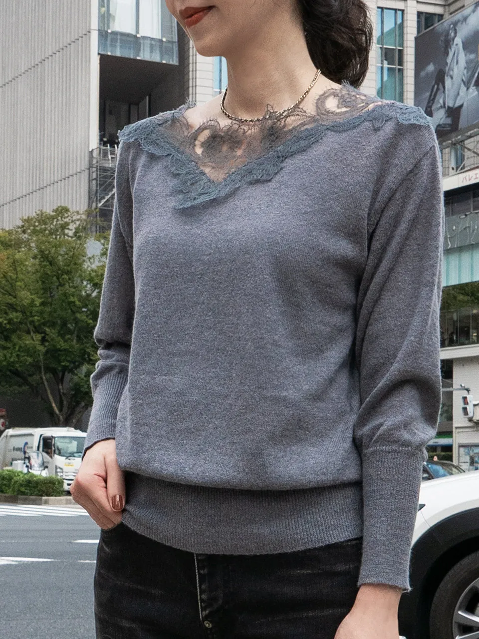 Grey Asymmetrical Lace Collar Batwing Mohair Merino Blend Jumper