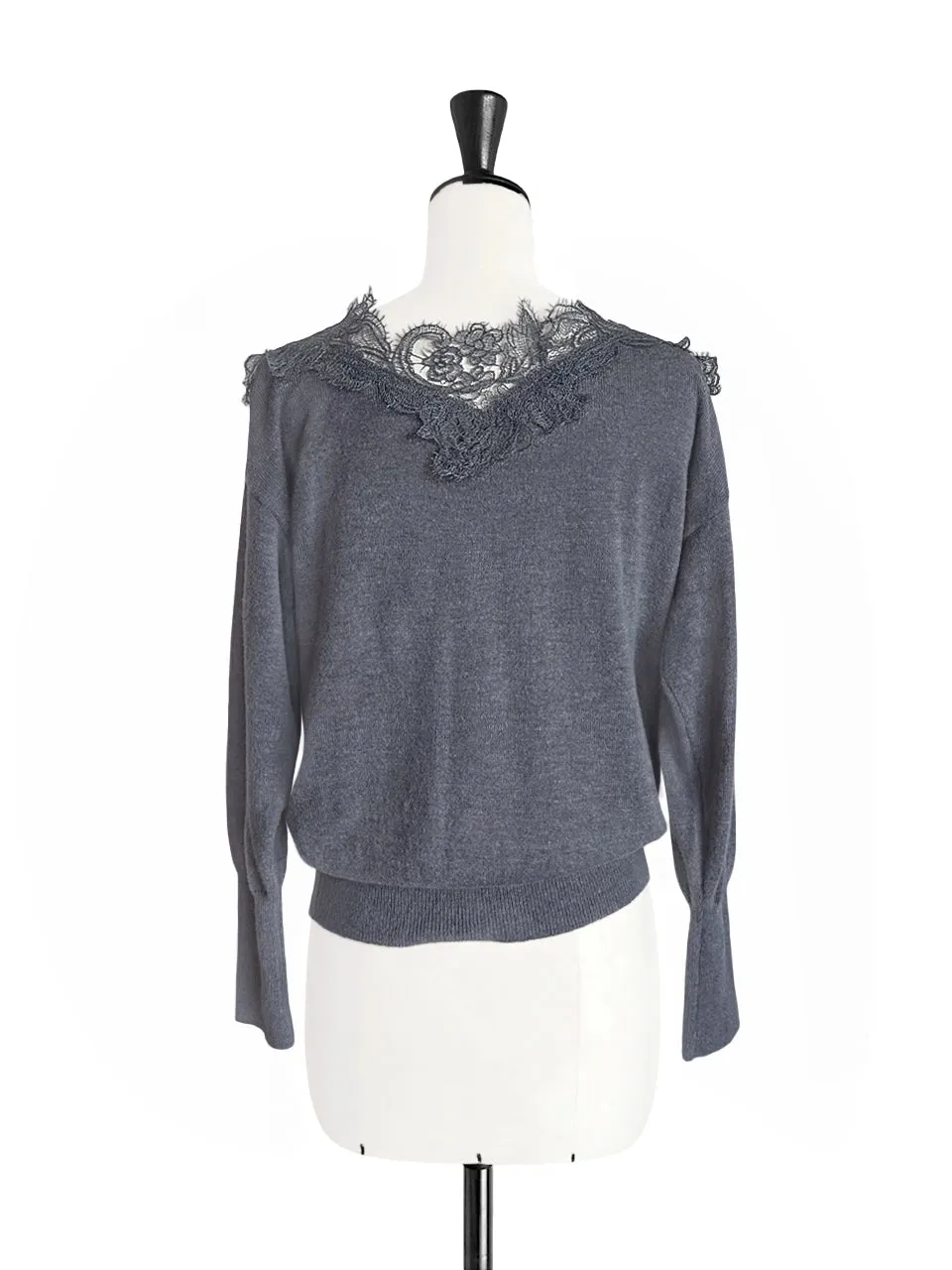 Grey Asymmetrical Lace Collar Batwing Mohair Merino Blend Jumper