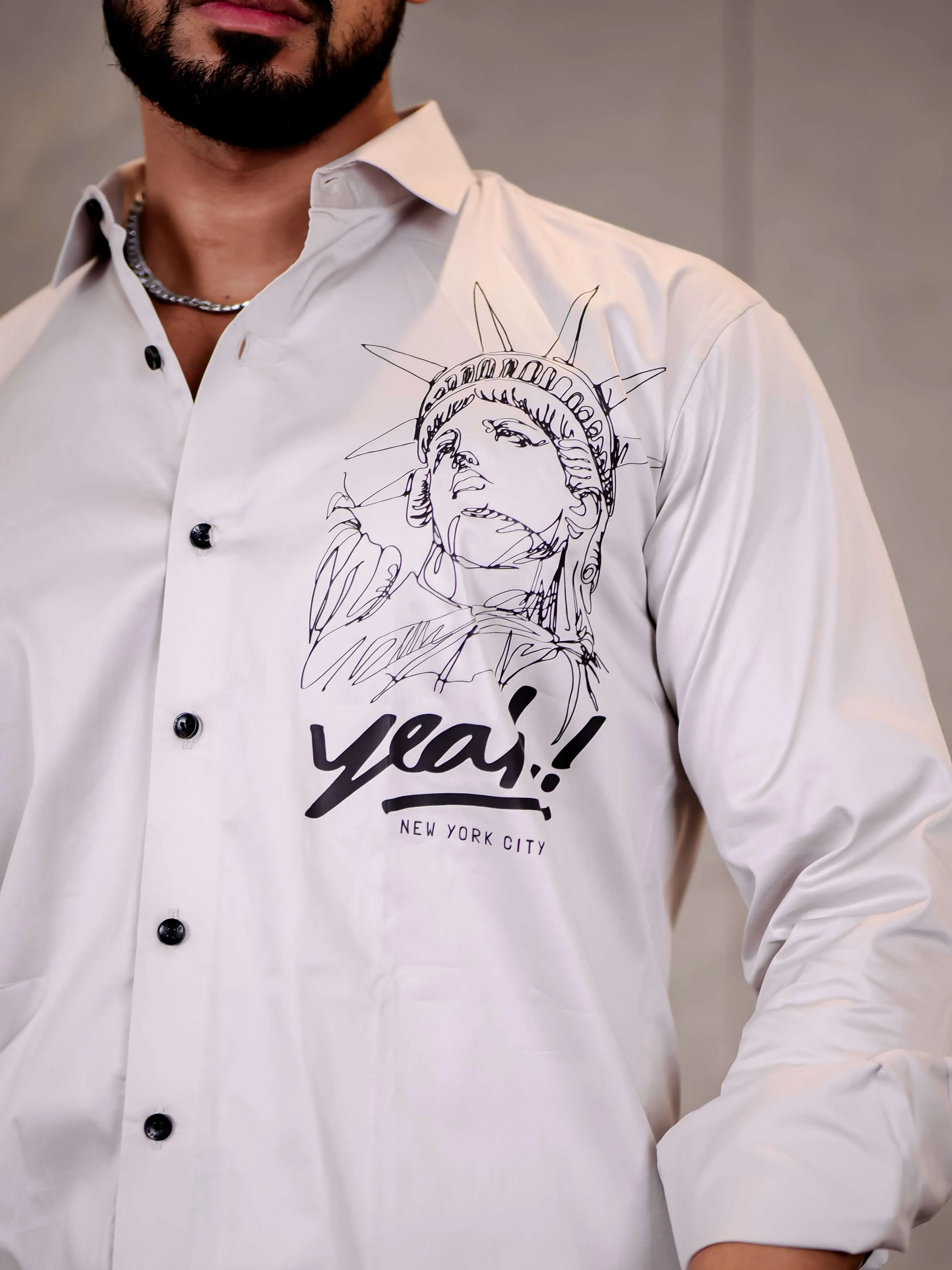 Grey Club Wear Statue of Liberty Printed Satin Cotton Shirt