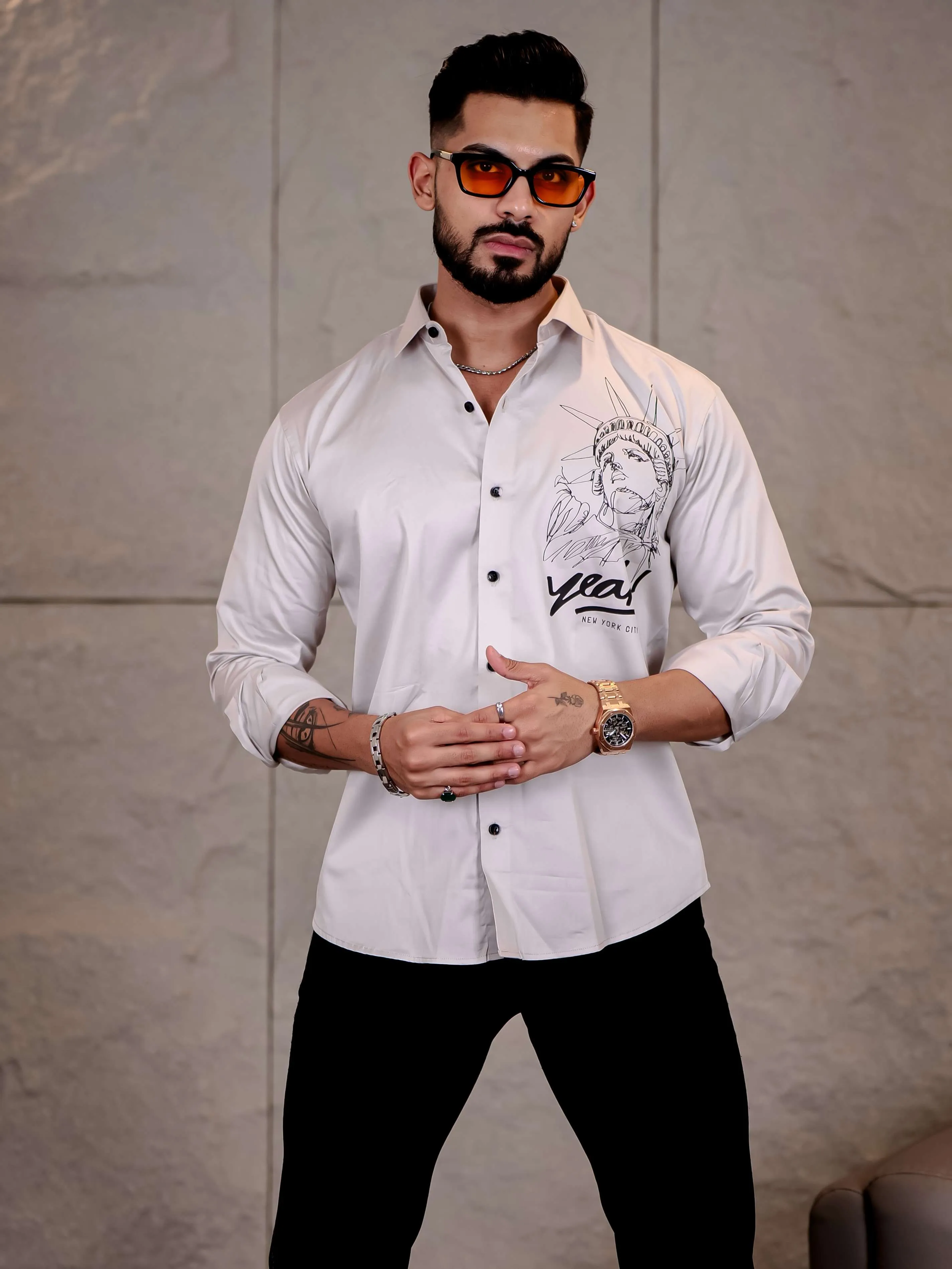 Grey Club Wear Statue of Liberty Printed Satin Cotton Shirt