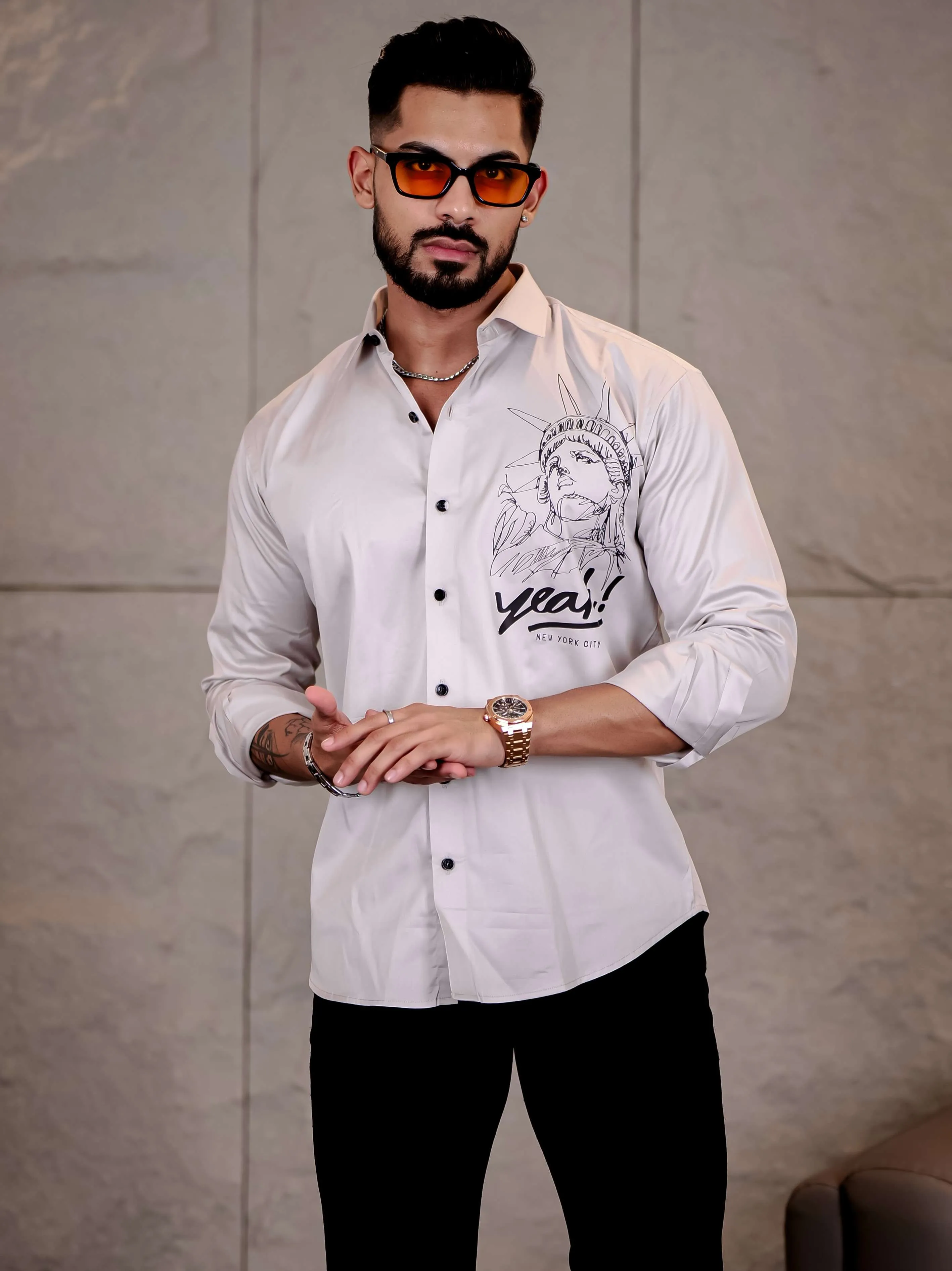 Grey Club Wear Statue of Liberty Printed Satin Cotton Shirt