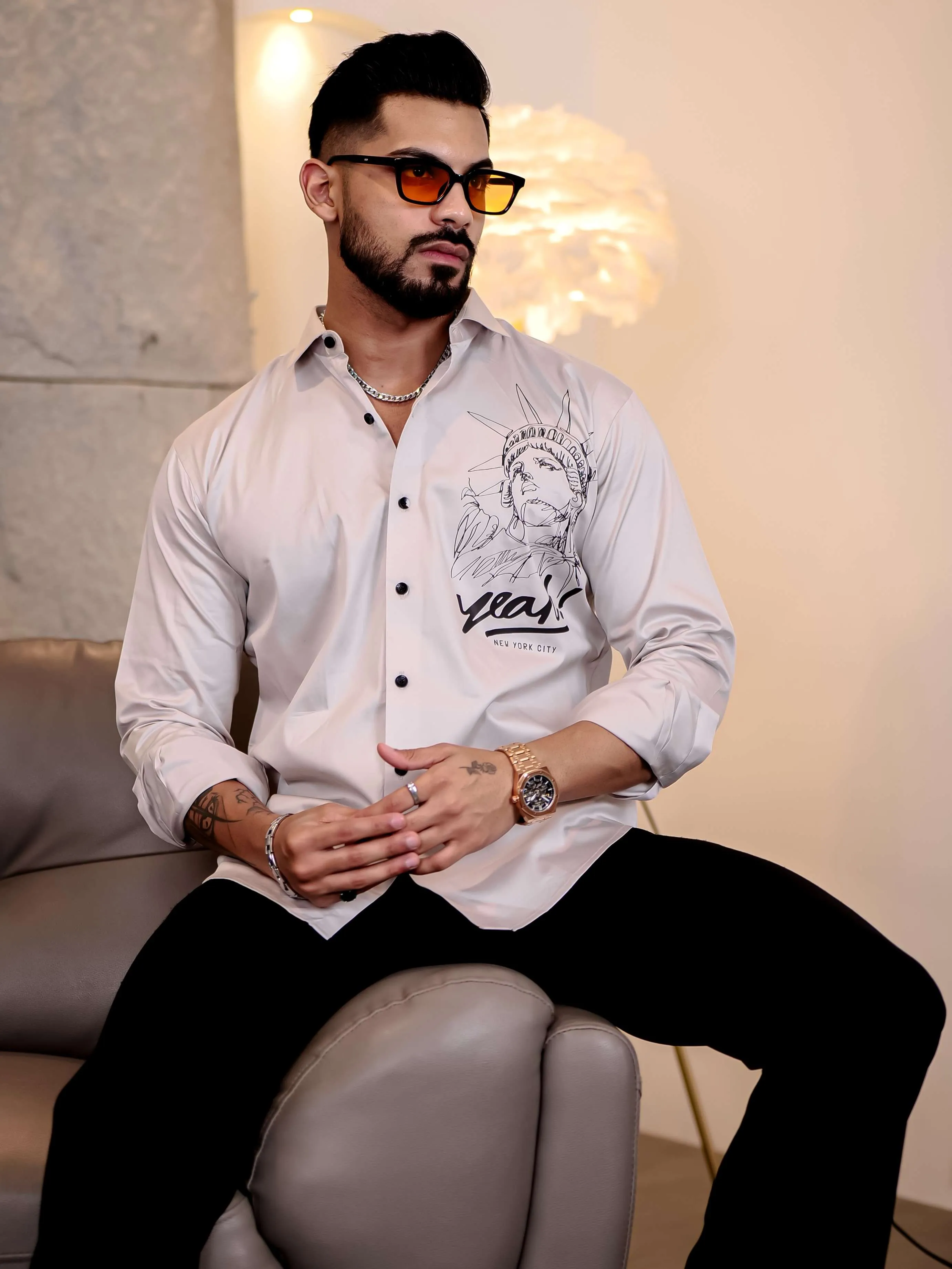 Grey Club Wear Statue of Liberty Printed Satin Cotton Shirt