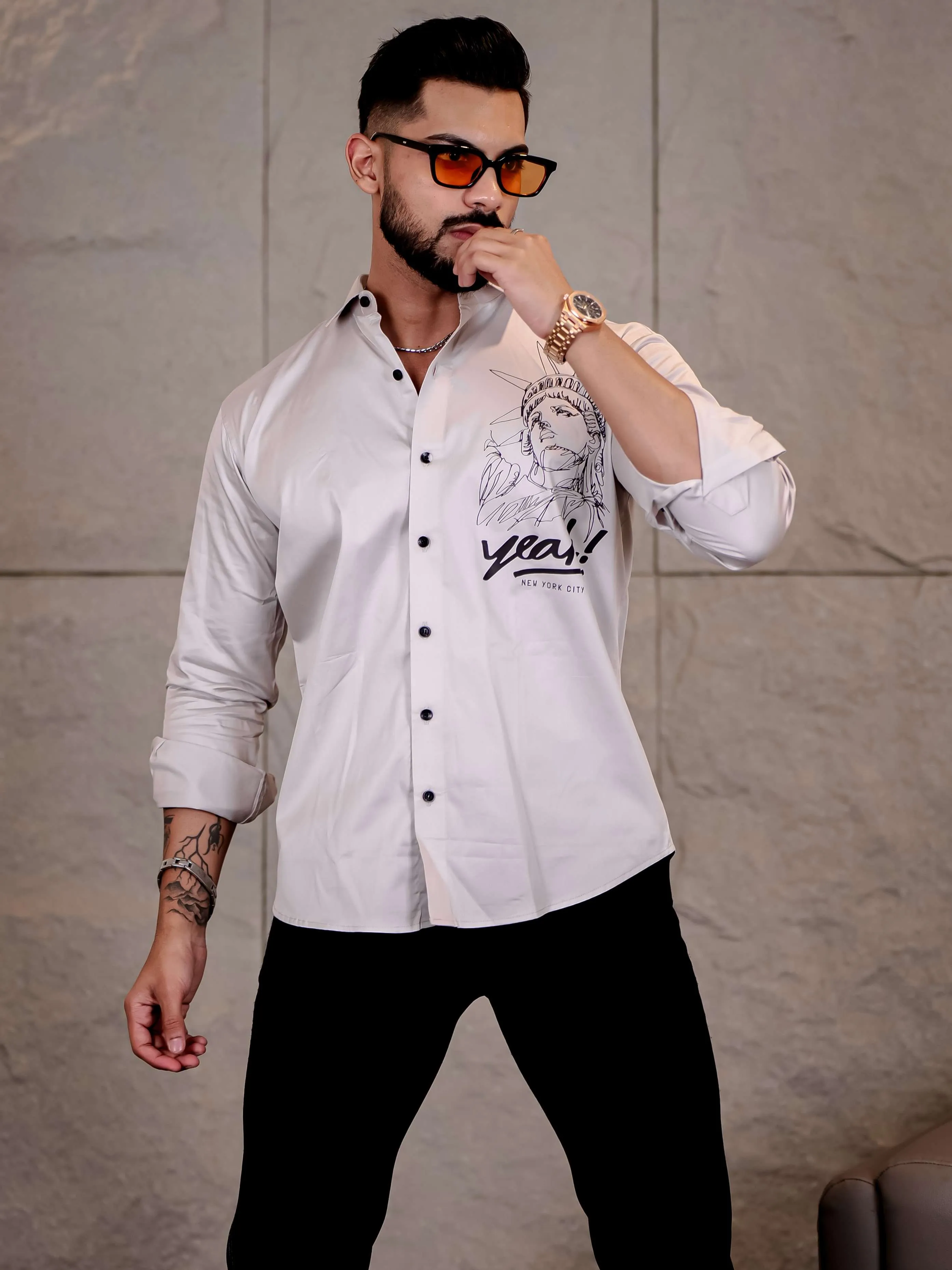 Grey Club Wear Statue of Liberty Printed Satin Cotton Shirt