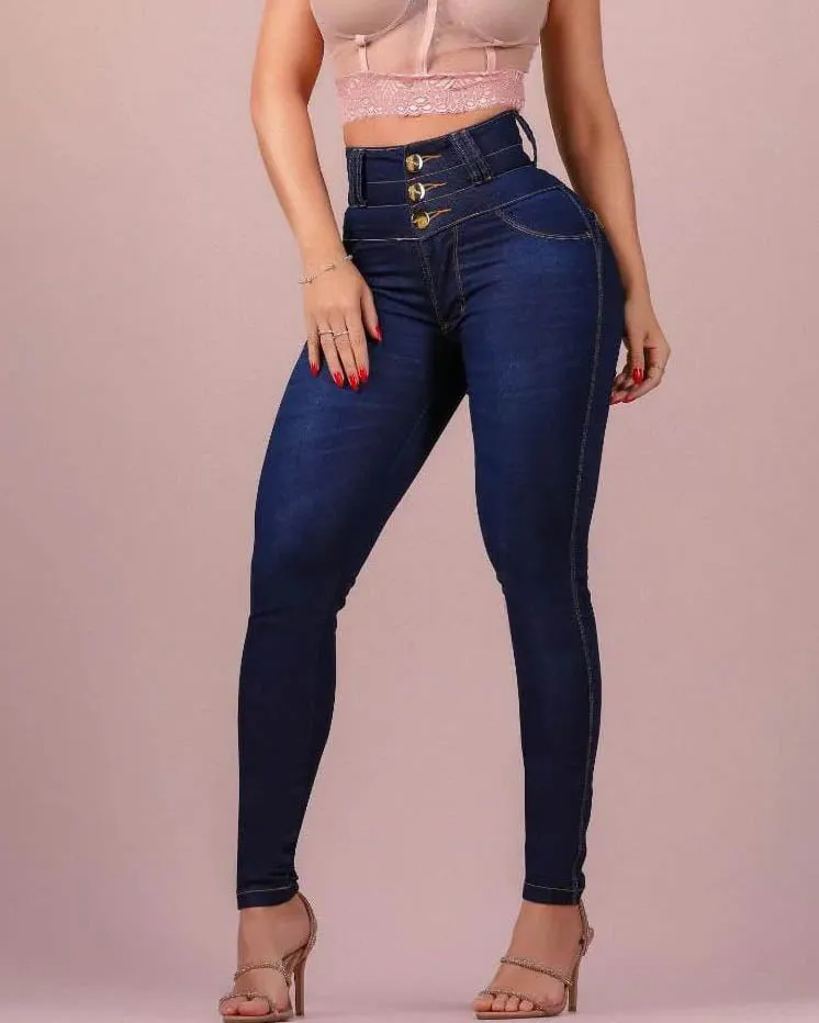 Hoch geschnittene Skinny-Jeans mit drei Knöpfen