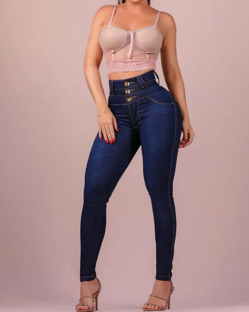 Hoch geschnittene Skinny-Jeans mit drei Knöpfen