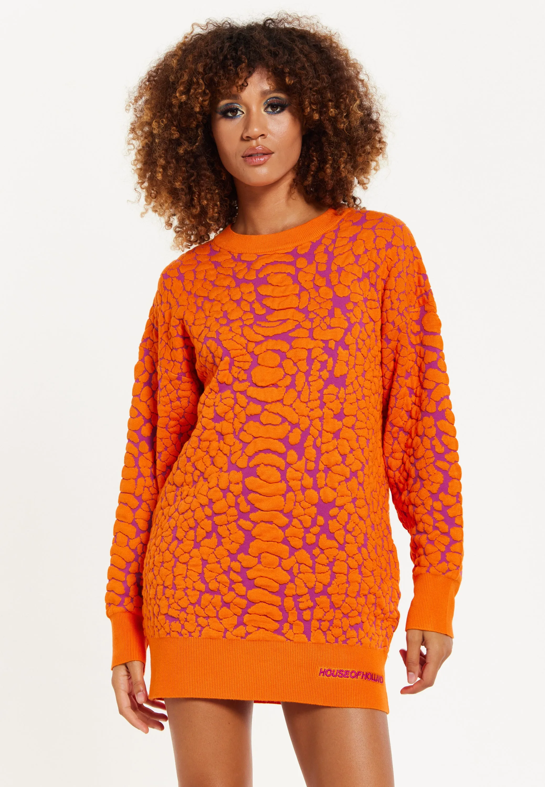 House of Holland Jacquard Duo Jumper Dress in Orange & Pink