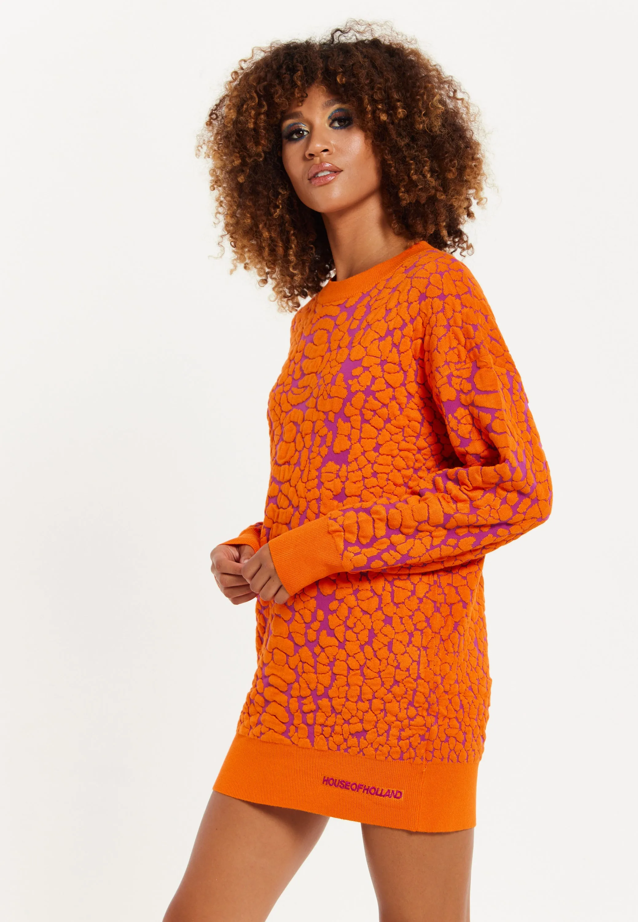 House of Holland Jacquard Duo Jumper Dress in Orange & Pink