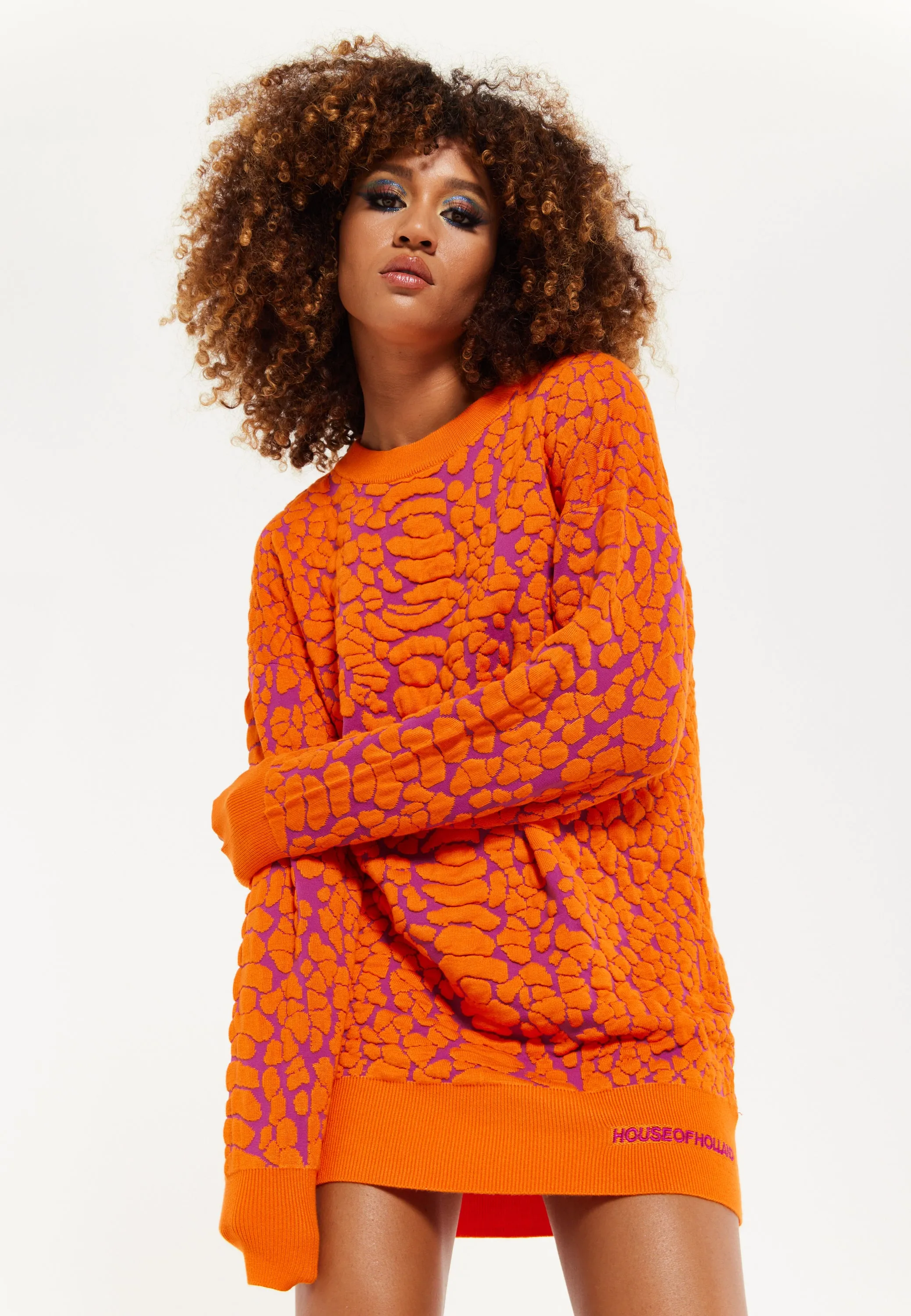 House of Holland Jacquard Duo Jumper Dress in Orange & Pink