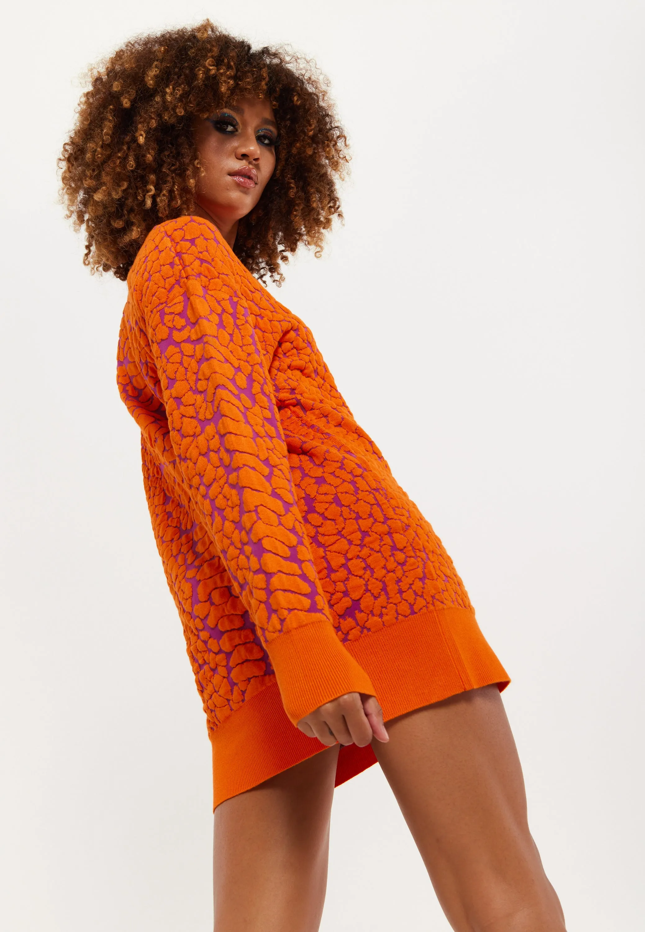 House of Holland Jacquard Duo Jumper Dress in Orange & Pink