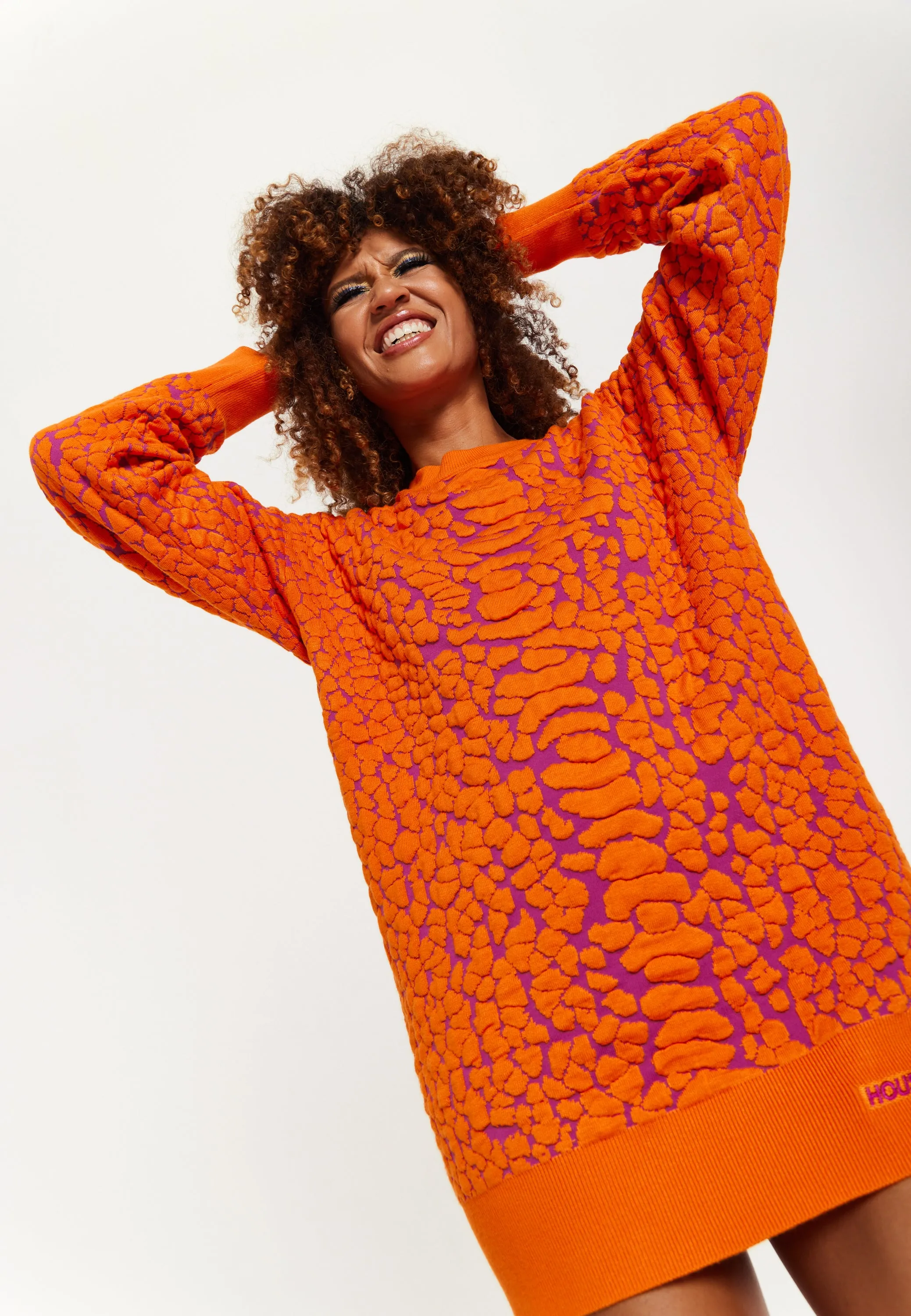 House of Holland Jacquard Duo Jumper Dress in Orange & Pink