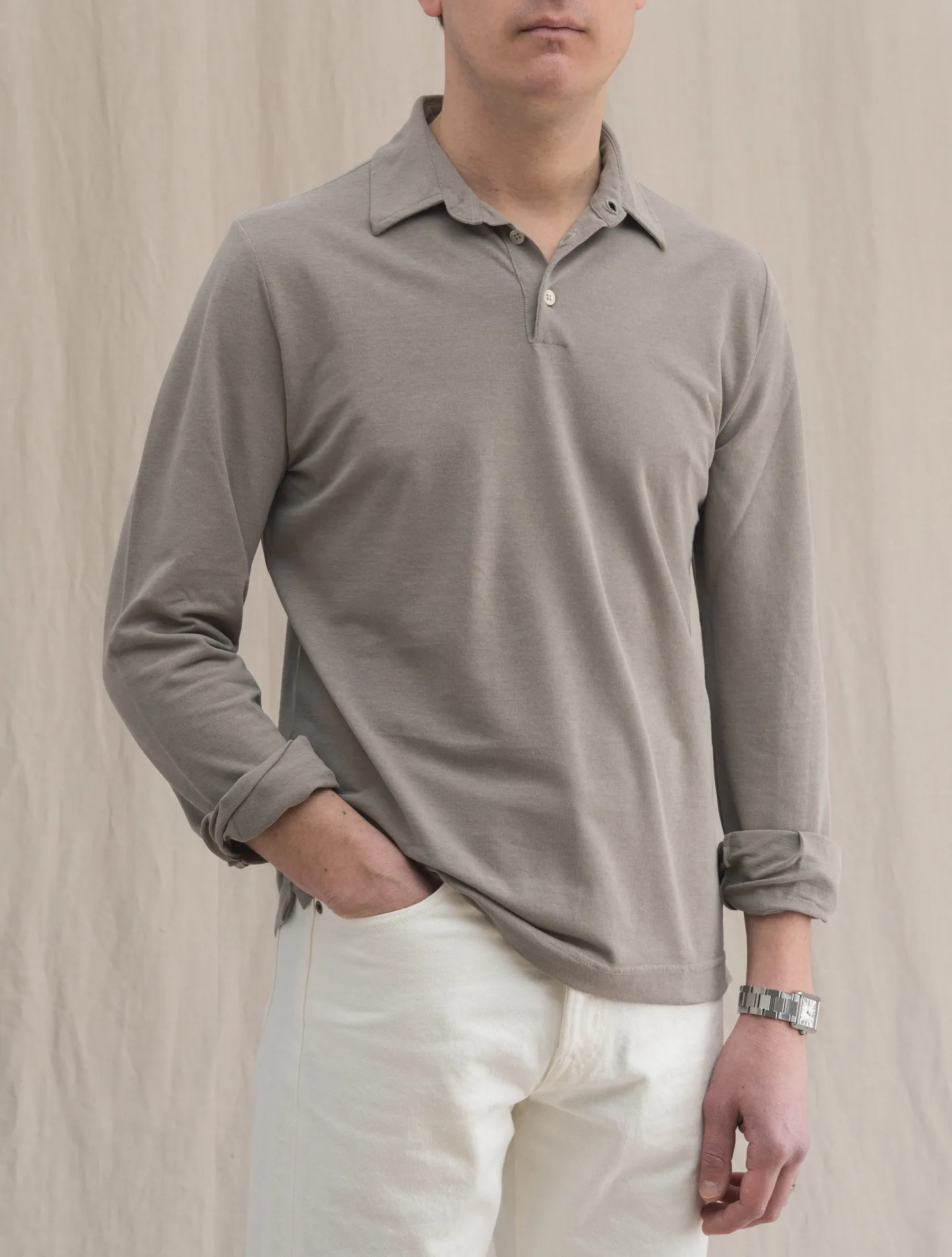 Ice Cotton Polo Shirt Long Sleeve Taupe