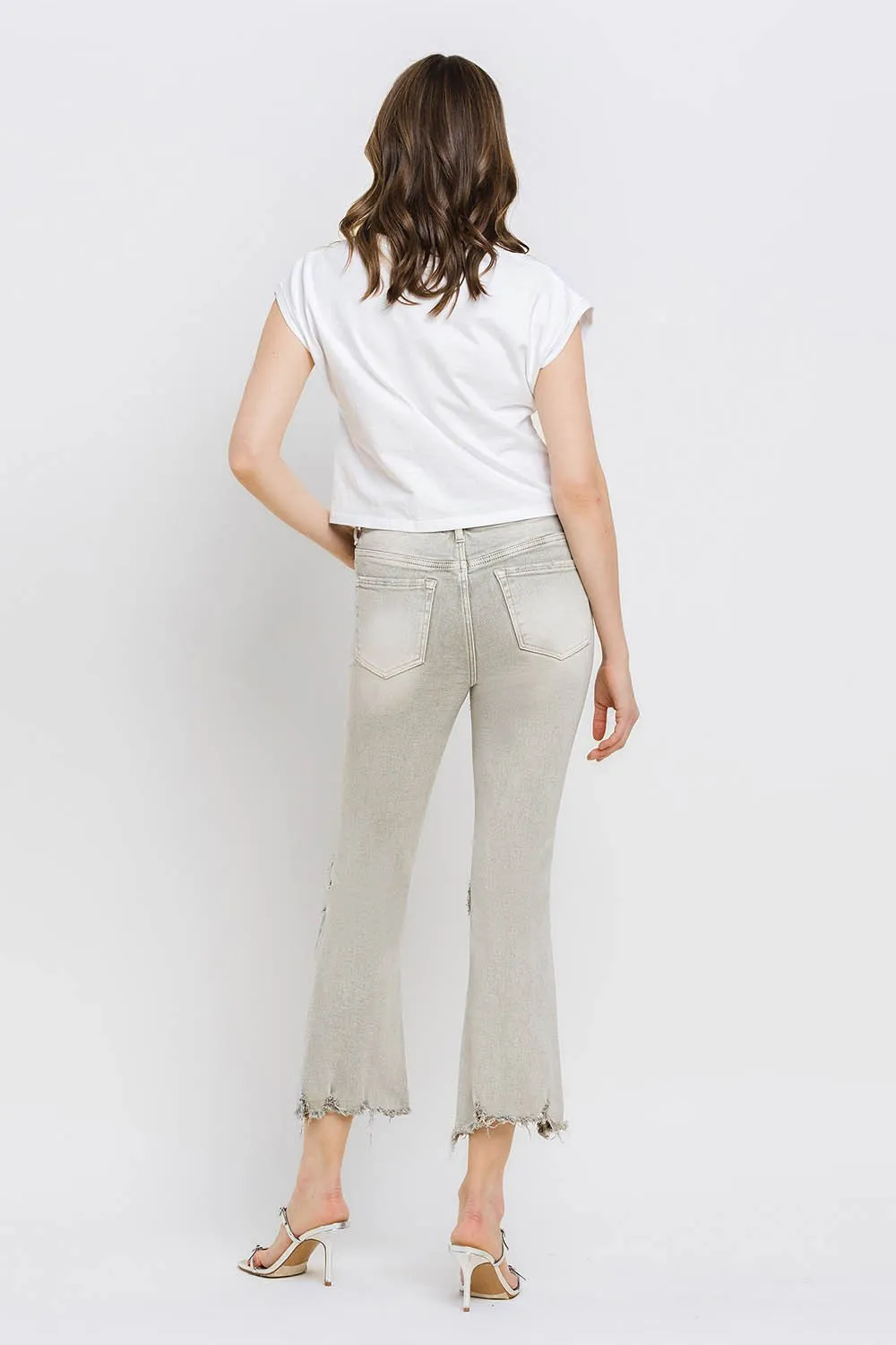 KESLEY Distressed Raw Hem Cropped Flare Jeans