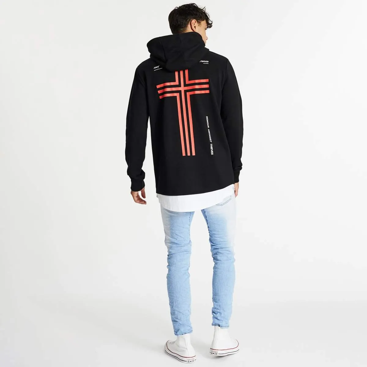 KISS CHACEY Mens Astray Layered Hem Hooded Sweater - Jet Black