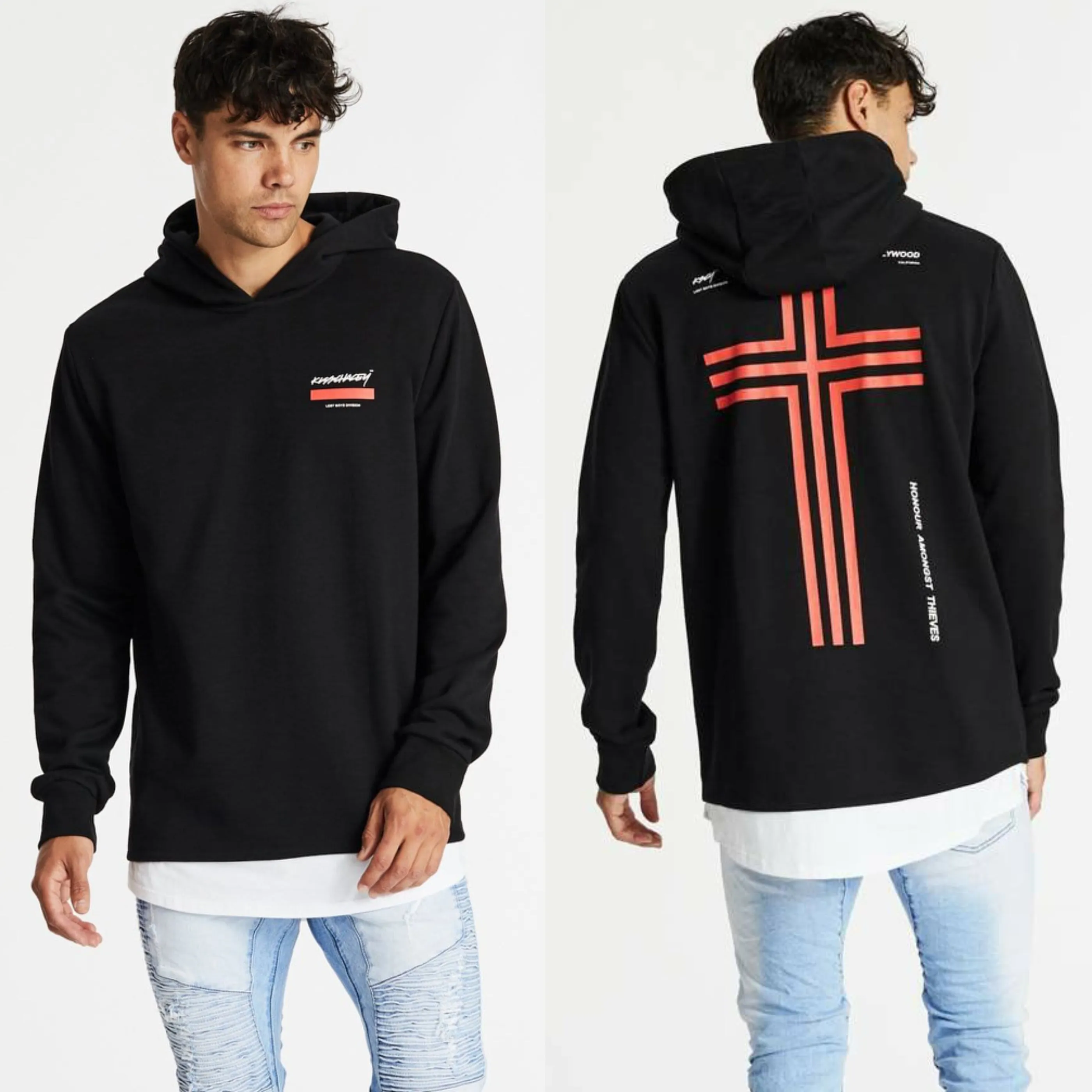 KISS CHACEY Mens Astray Layered Hem Hooded Sweater - Jet Black