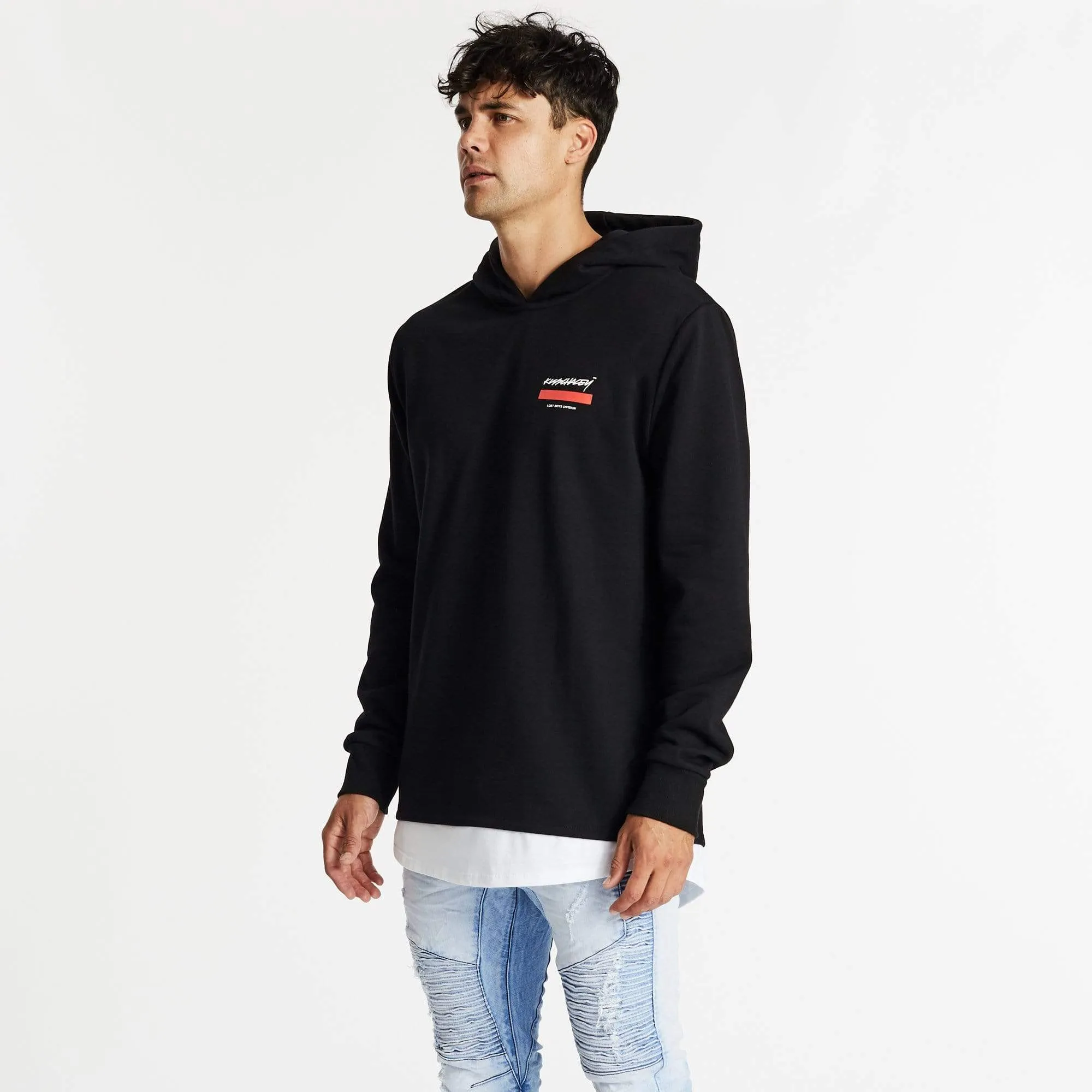 KISS CHACEY Mens Astray Layered Hem Hooded Sweater - Jet Black
