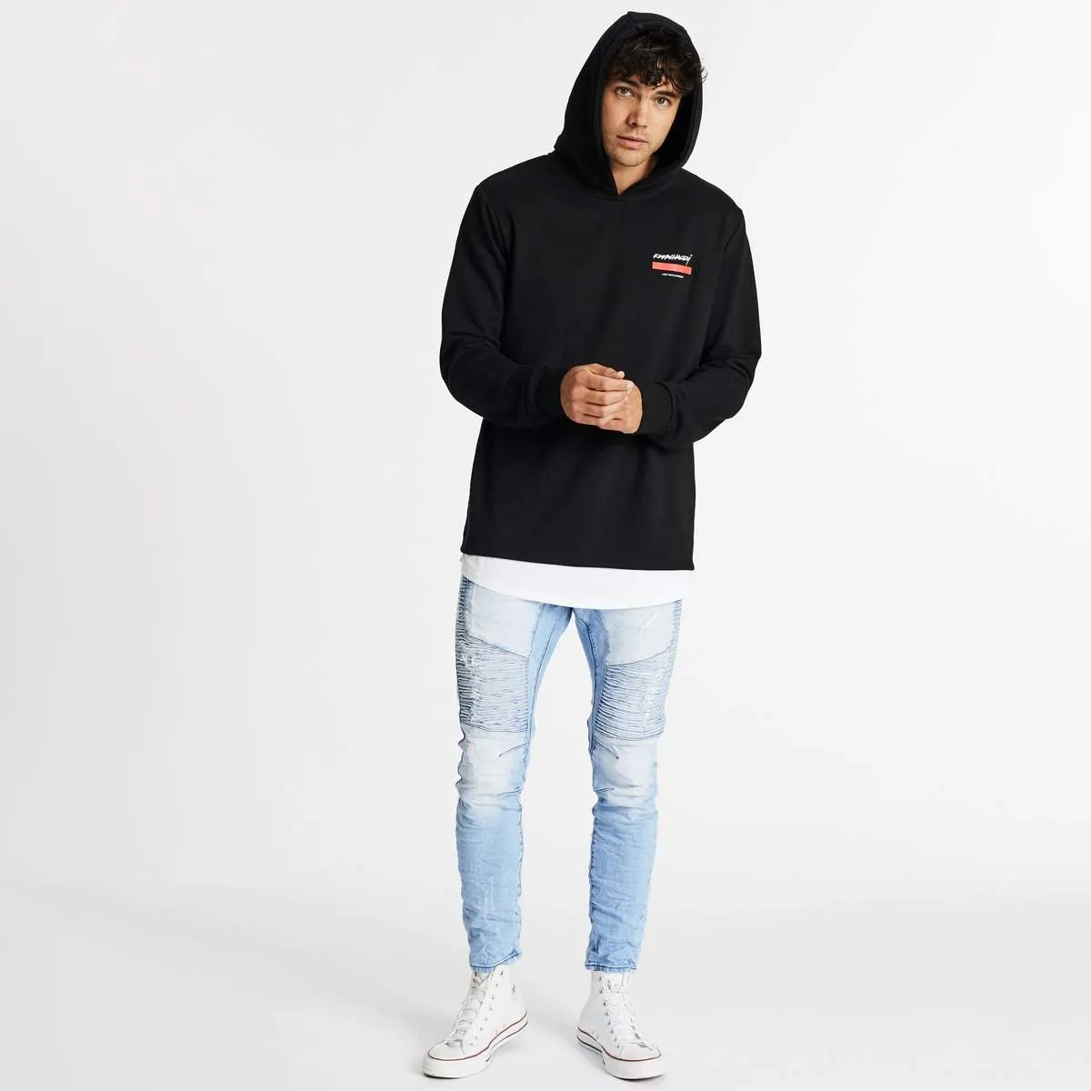 KISS CHACEY Mens Astray Layered Hem Hooded Sweater - Jet Black