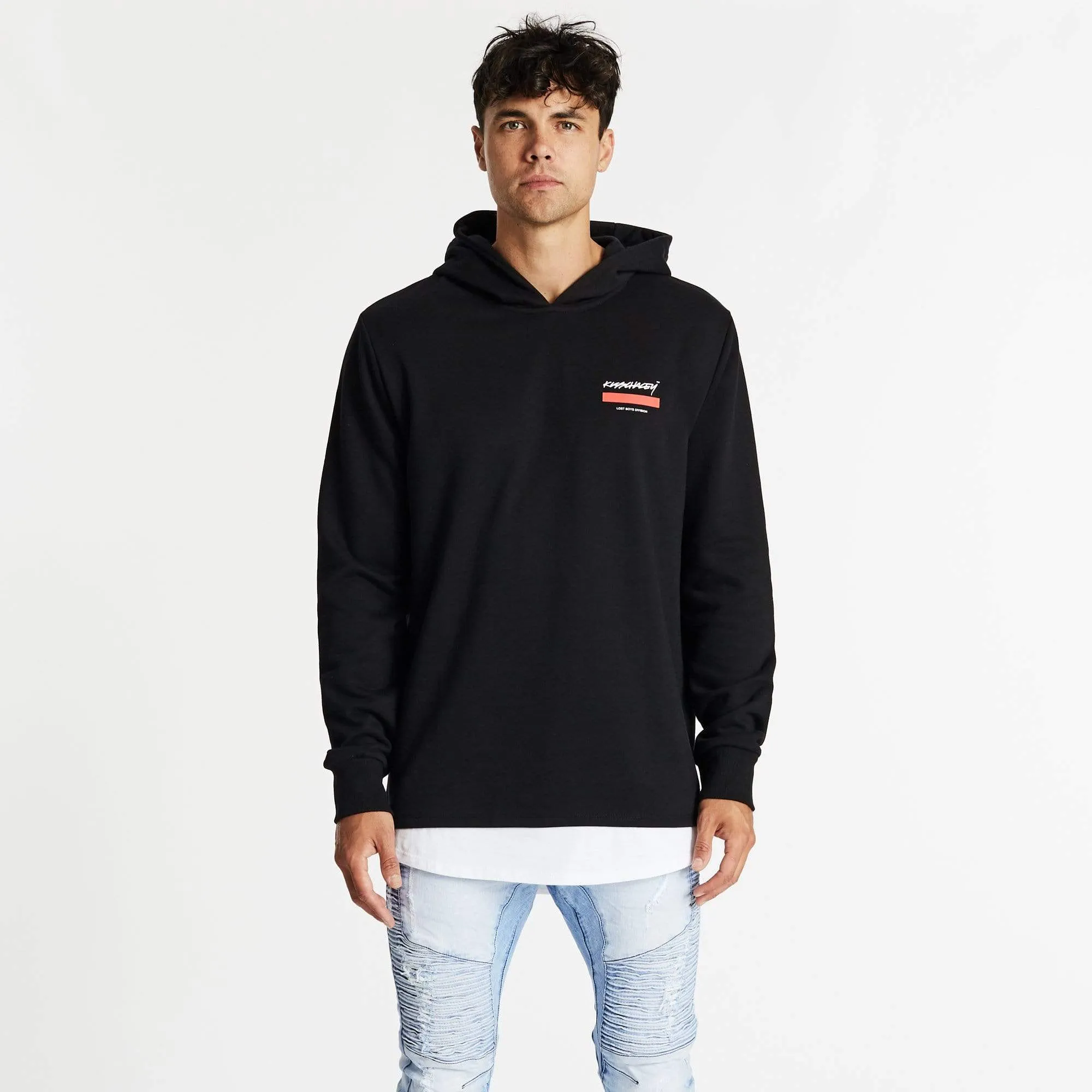 KISS CHACEY Mens Astray Layered Hem Hooded Sweater - Jet Black
