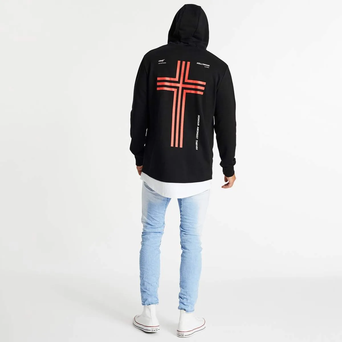 KISS CHACEY Mens Astray Layered Hem Hooded Sweater - Jet Black