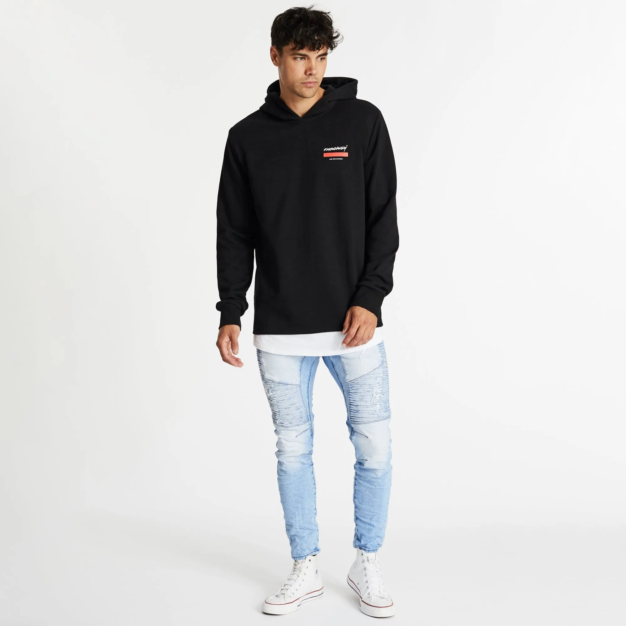 KISS CHACEY Mens Astray Layered Hem Hooded Sweater - Jet Black