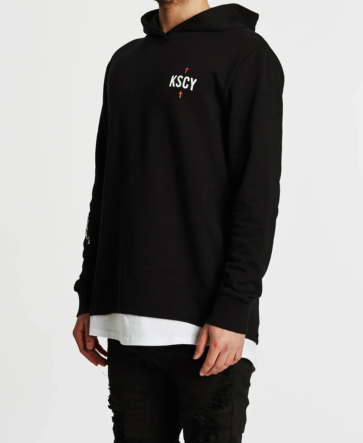 Kiss Chacey MENS FAITHLESS LAYERED HEM BASEBALL HOODED SWEATSHIRT - JET BLACK