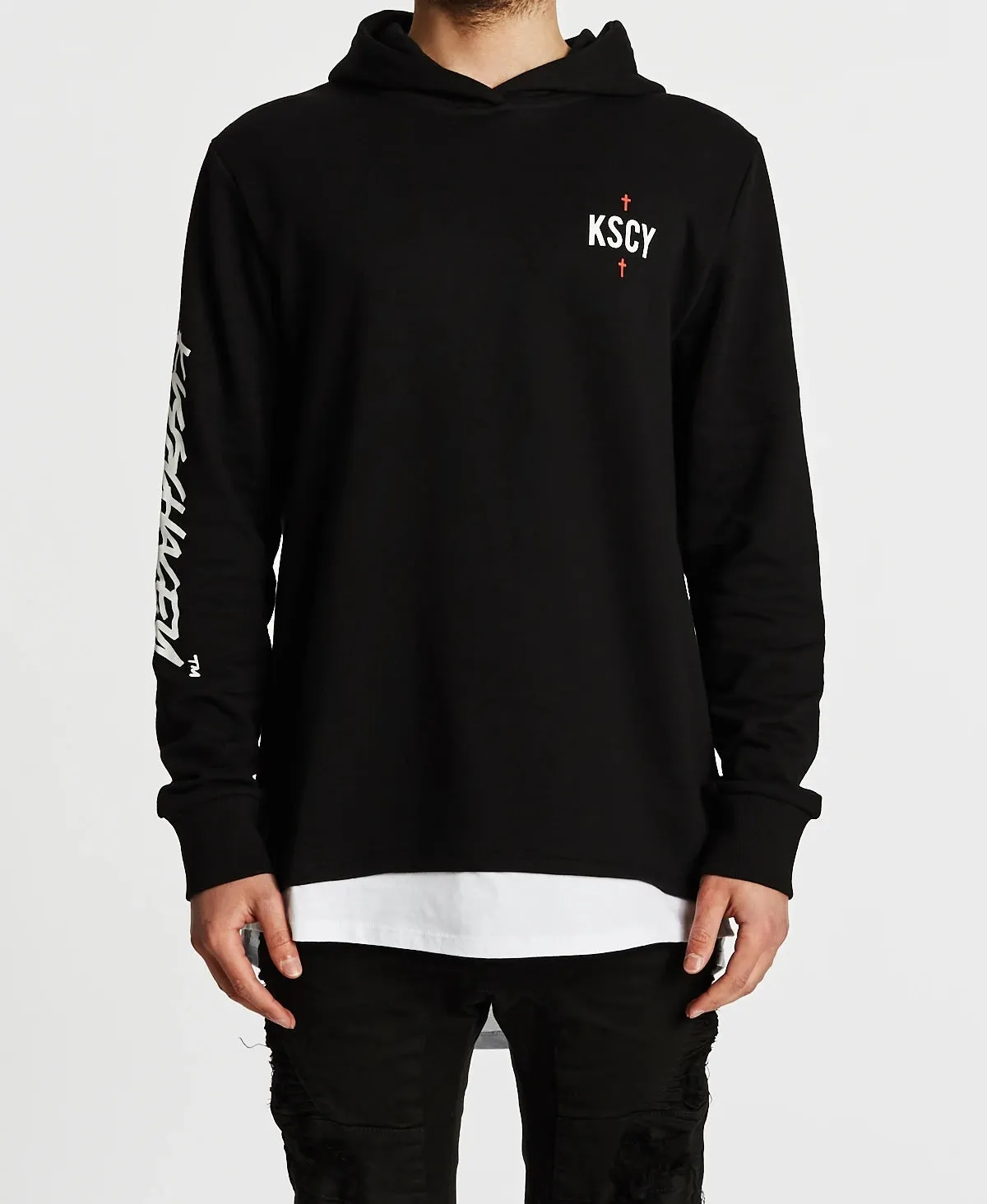 Kiss Chacey MENS FAITHLESS LAYERED HEM BASEBALL HOODED SWEATSHIRT - JET BLACK