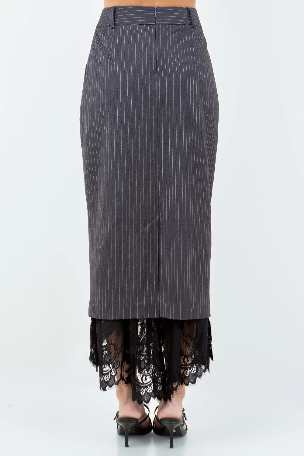 LACE HEMMED PINSTRIPE PENCIL SKIRT - CHARCOAL