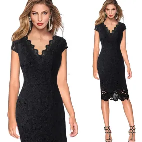 Lace Trim V-neck Casual Pencil Dress