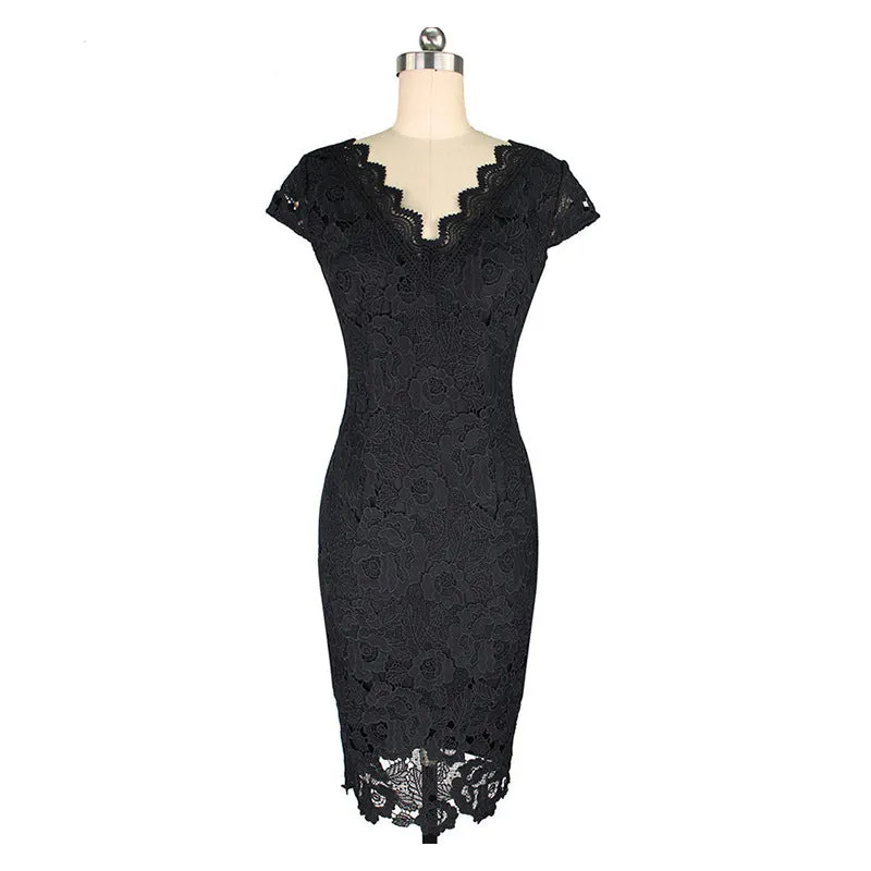 Lace Trim V-neck Casual Pencil Dress