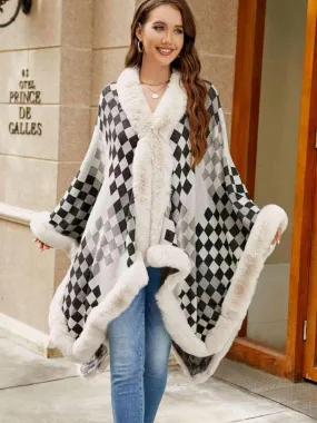 Lavish Winter Checkered Faux Fur Trim Poncho