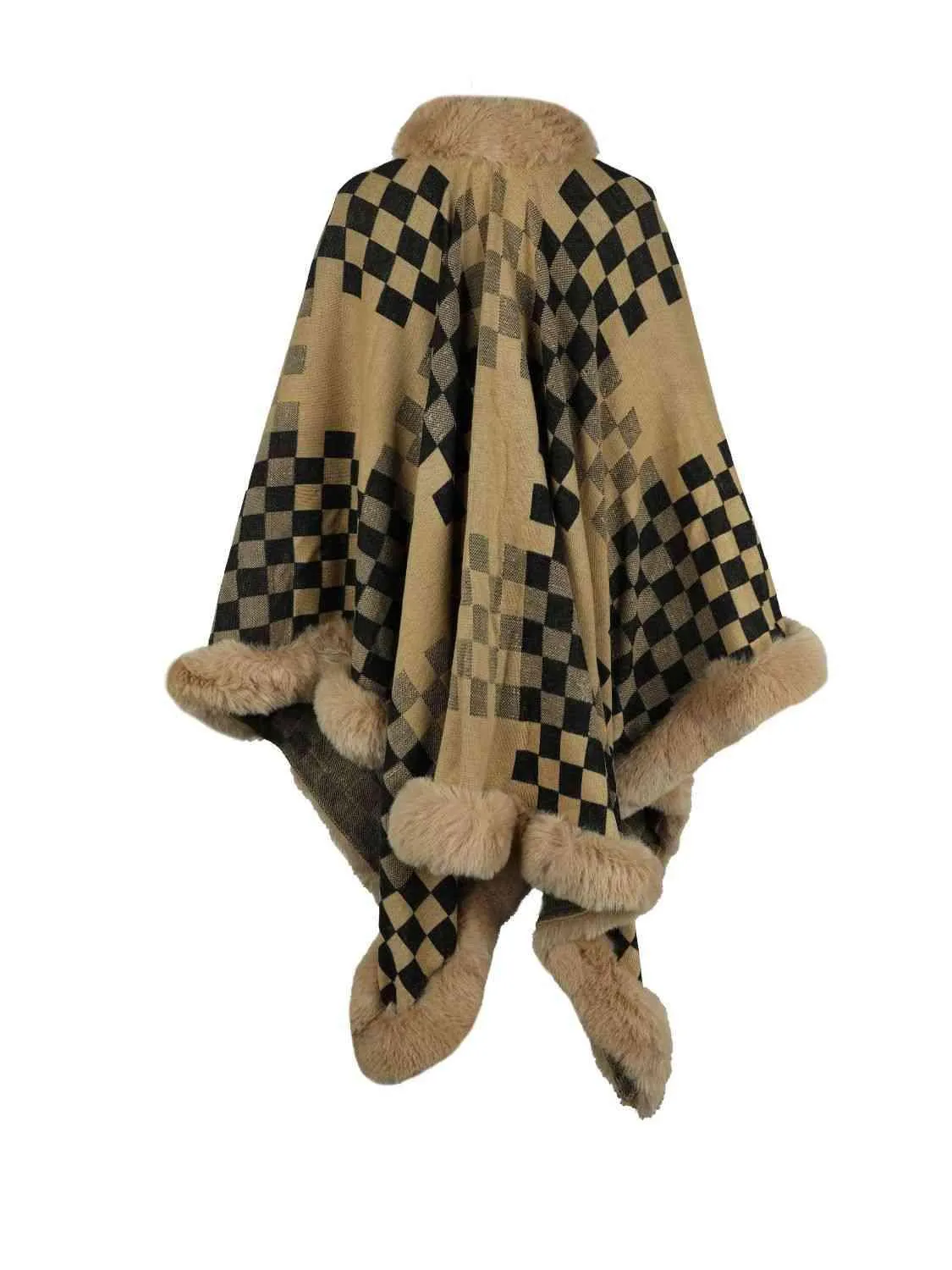 Lavish Winter Checkered Faux Fur Trim Poncho