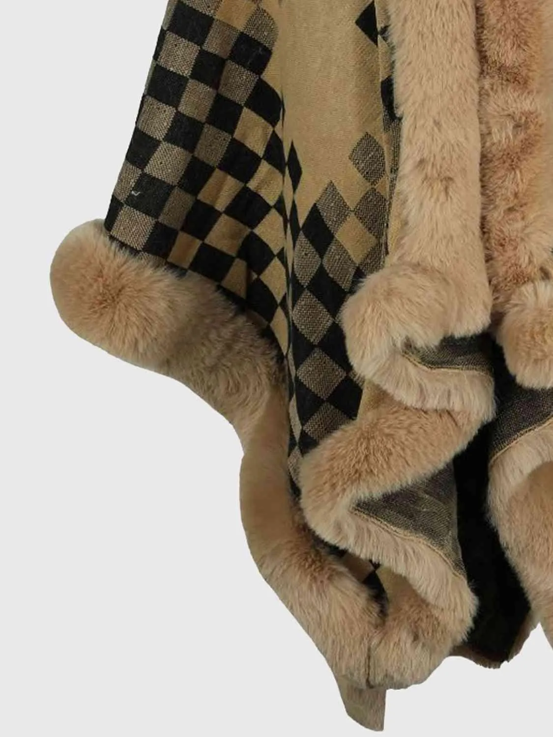 Lavish Winter Checkered Faux Fur Trim Poncho