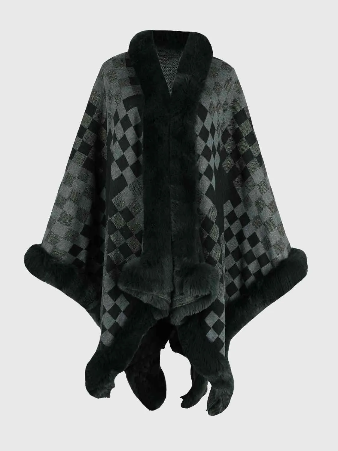 Lavish Winter Checkered Faux Fur Trim Poncho